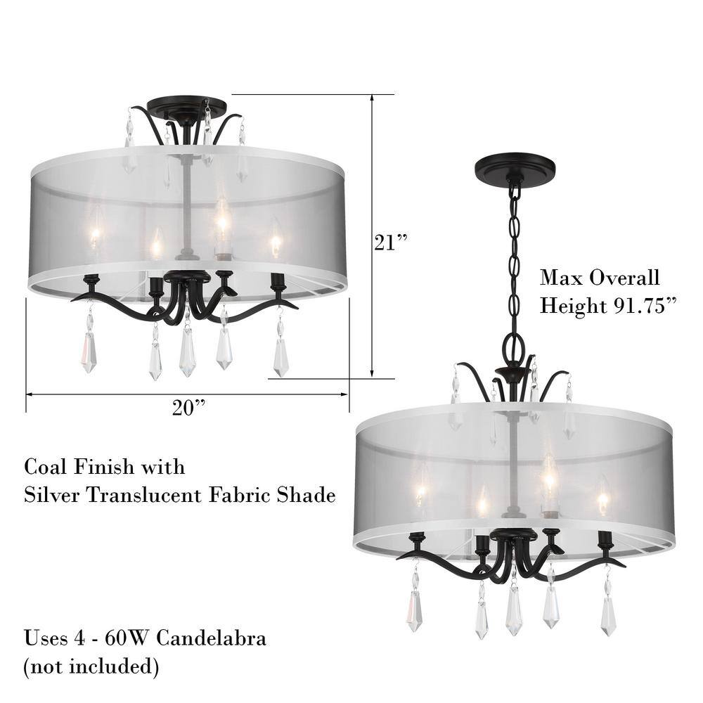 Laurel Estate Coal 4-Light Crystal Drum Pendant with Translucent Silver Linen Shade