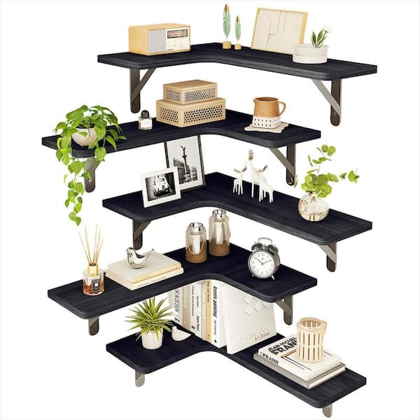 5.5 in. D x 11.4 in. W x 16.1 in. H Rustic Wood Wall Mounted Corner Shelf, Floating Shelves for Wall, Black (5-Pack)