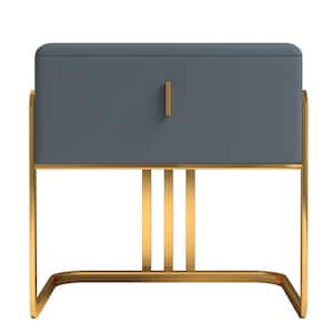 Minimalist Blue Nightstand Upholstered Leather Surface with 1 Drawer in Gold