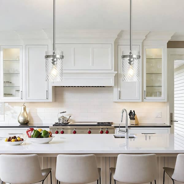 Modern Industrial 1-Light Pendant Light with Brushed Nickel Metal and Twisted Clear Glass Shade for Kitchen Island