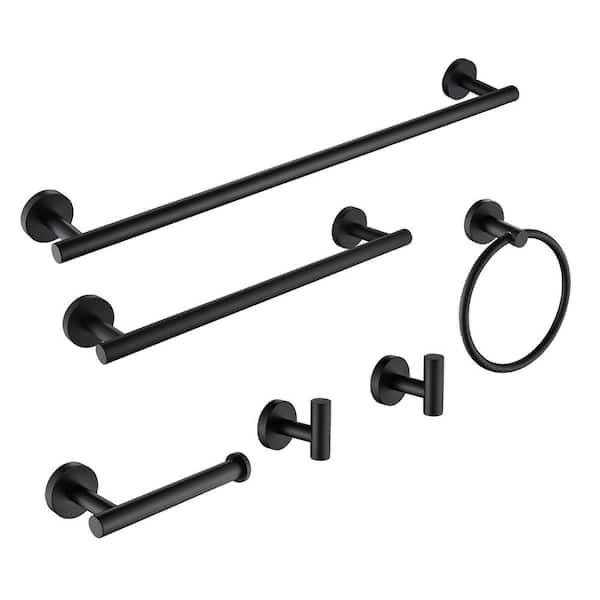 Heemli Modern 6-Pieces Stainless Steel Bath Hardware Set with Towel Ring Toilet Paper Holder Towel Hook and Towel Bar in Black