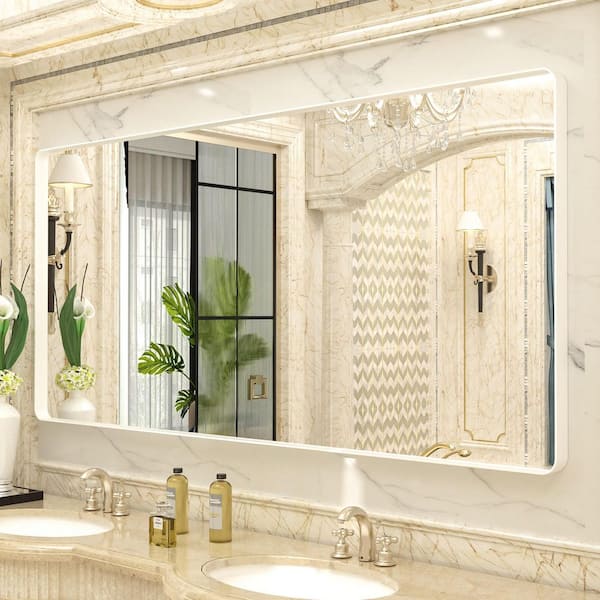 GODCHAR 72 in. W x 36 in. H Rectangular Aluminum Alloy Frame with Inner Deep Design and Tempered Glass Wall Mirror in White