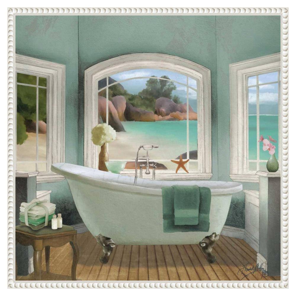 Serene Coastal Bath Scene Canvas Art with White Frame