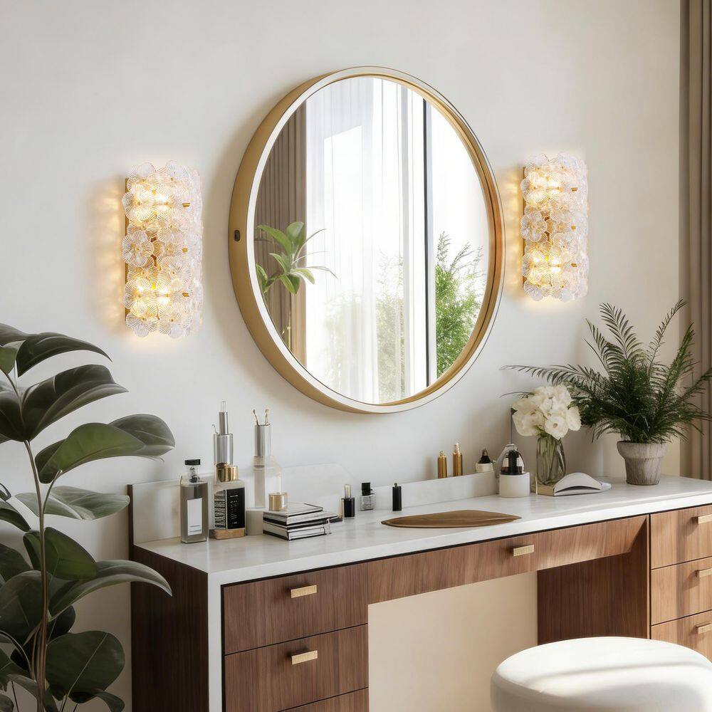 7.87 in. 2-Light Gold Elegant Wall Sconce with Textured Clear Floral Glass Shade price history on PriceWatchPro