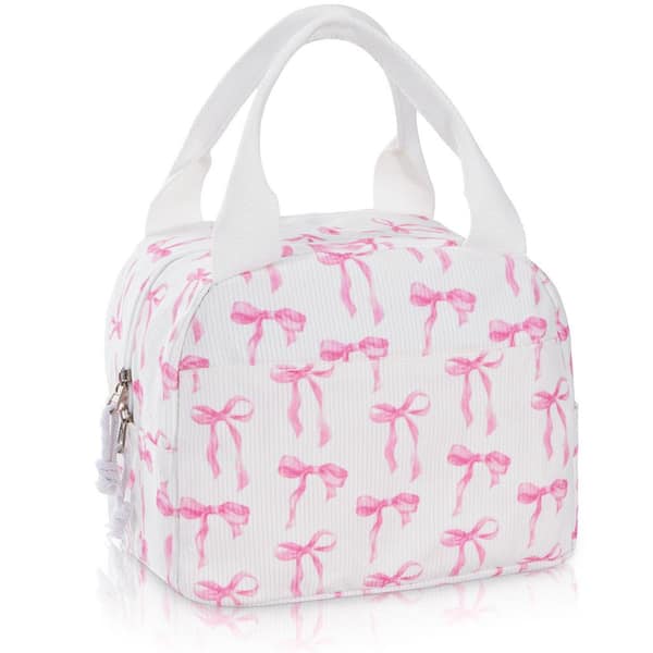 Ribbon Bow Floral Reusable Lunch Bag Insulated Leakproof Tote with Corduroy Texture for Travel and Work