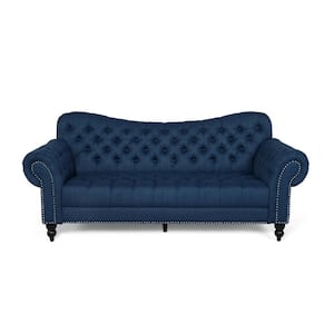 Wastacio 84.5 in. Navy Blue Solid Fabric 3-Seats Camelback Sofa with Removable Cushions