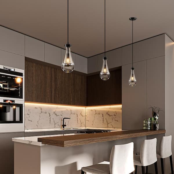 1-Light Modern Black Chandelier, Pendant Light Kitchen Island with Raindrop Glass Shade, (1-Set)