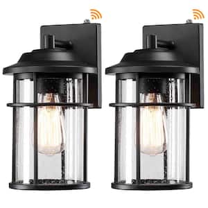 12 in. Matte Black Hardwired Dusk to Dawn Outdoor Wall Lantern Sconce Sensor with Seeded Glass Shade (2-Pack)