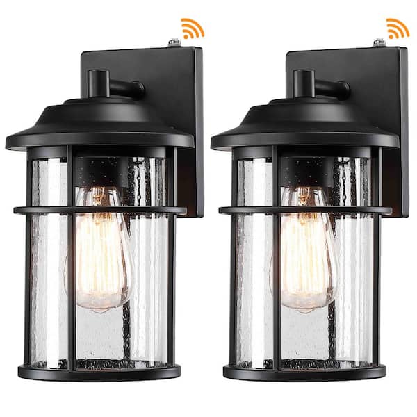 Uixe 12 in. Matte Black Hardwired Dusk to Dawn Outdoor Wall Lantern Sconce Sensor with Seeded Glass Shade (2-Pack)