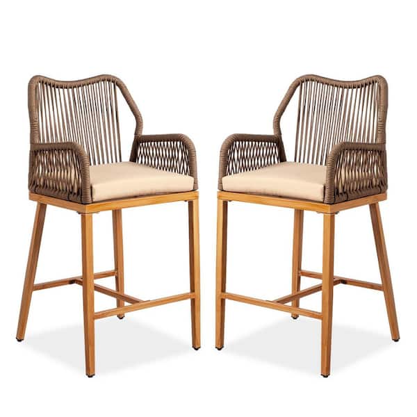 Metal Outdoor Bar Stool with Beige Cushion, Modern Counter Height Chairs for Patio Balcony