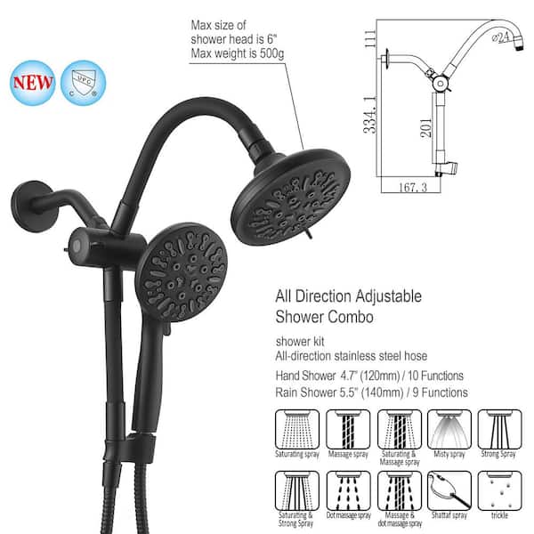 Dual-Function 8-Spray Wall Mount Handheld Showerhead 1.8 GPM in Matte Black, Rain Shower Combo