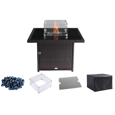 Hudson 36 in. Square Outdoor Brown Wicker Aluminum Propane Fire Pit Table in Tempered Glass w/Fire Glass