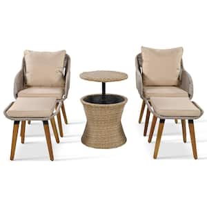 Brown 5-Piece Wicker Patio Conversation Set with Wicker Cool Bar Table, Club Chairs and Ottomans Set Outdoor Bistro Sets