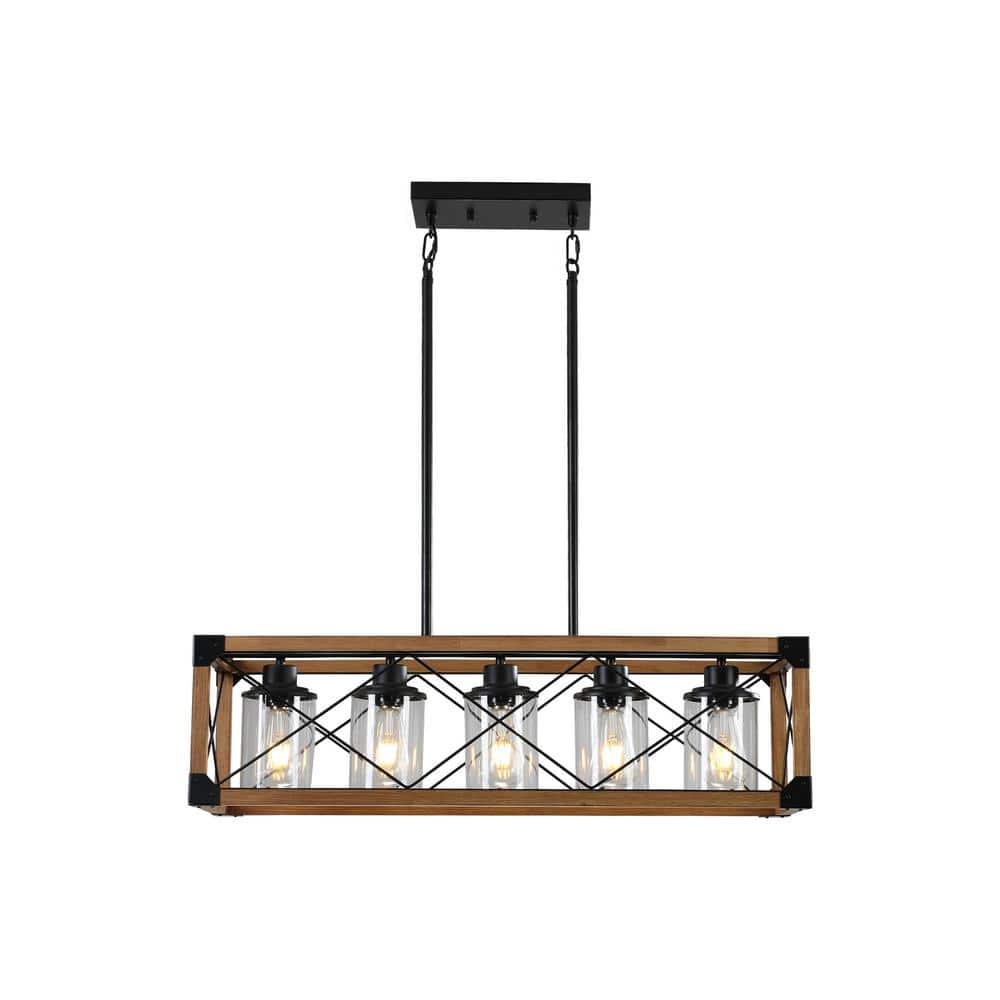 Retro 5-Light Walnut&Black Rectangular Chandelier with Glass Shade for Kitchen Island with No Bulbs Included price history on PriceWatchPro