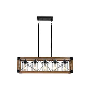 Retro 5-Light Walnut&Black Rectangular Chandelier with Glass Shade for Kitchen Island with No Bulbs Included
