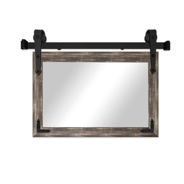 (33 in. W x 56 in. H) Brown Distressed Vertical Mirror with Steel Barn Door Track and Metal Corner Brackets