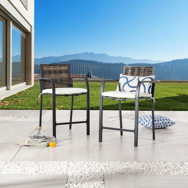 TOP HOME SPACE Wicker Outdoor Bar Stool with White Cushion 2-Pack