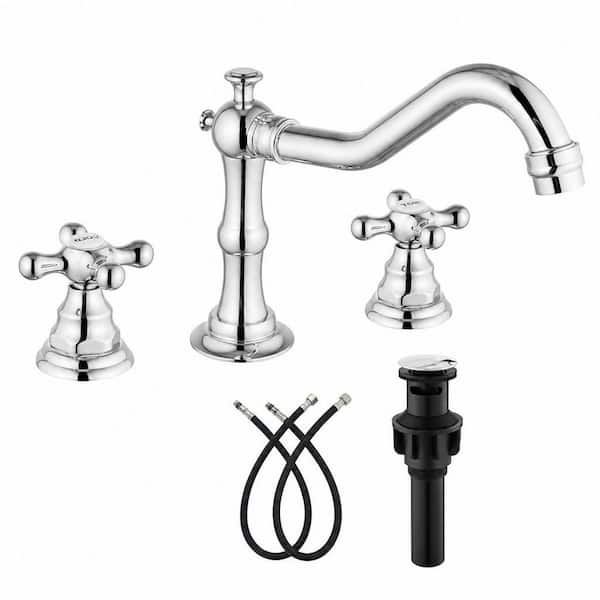 5-Piece 3 Hole Bathroom Faucet with 2 Cross Handles, Pop Up Drain, Hot and Cold Label, Vintage Lavatory Vanity, Chrome