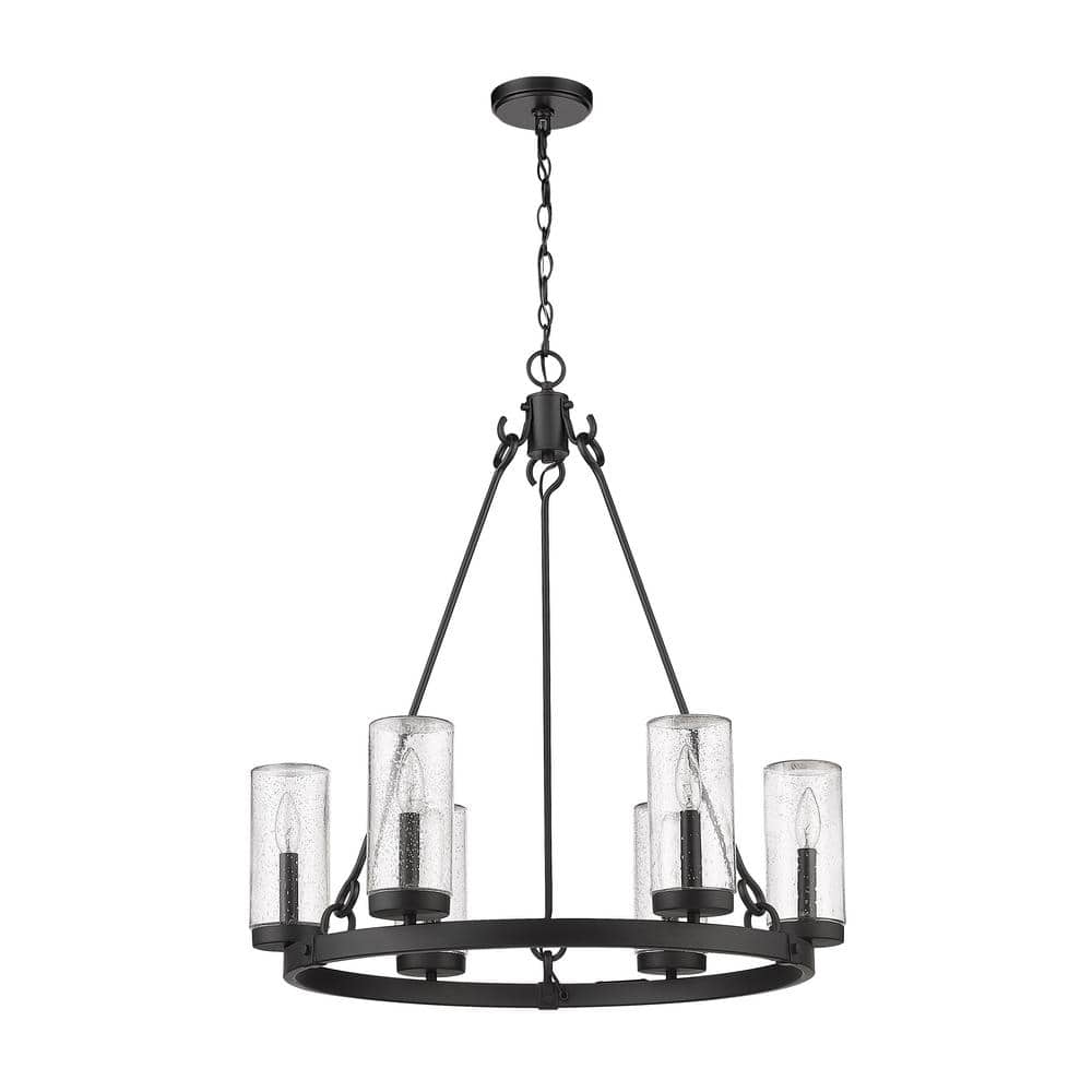 Marlow Matte Black Steel 6-Light Outdoor Pendant with Clear Seedy Glass