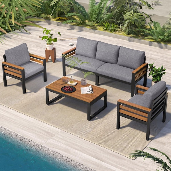 Unbranded 4-Piece Metal Outdoor Sectional Set with Wood Armrests, Patio Conversation Set with Gray Cushions and Coffee Table