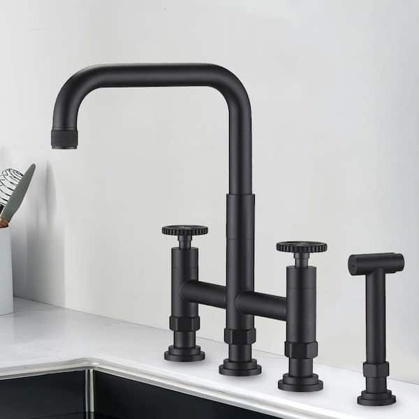 UPIKER Double-Handle Bridge Kitchen Faucet with Side Spray in Matte Black