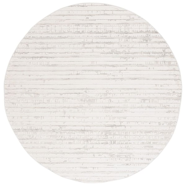 Elmhurst 7 ft. x 7 ft. Ivory/Gray High-Low Distressed Striped Round Area Rug