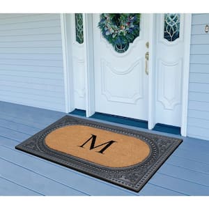 A1HC Oval Black/Beige 24 in. x 39 in. Rubber and Coir Heavy Duty Easy to Clean Monogrammed M Door Mat