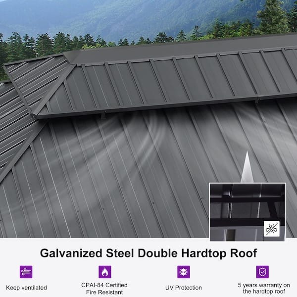 12 ft. x 18 ft. Gray Aluminum Power-Coated Frame Galvanized Steel Double Roof Hardtop Gazebo,Hooks, Netting,Gray Curtain