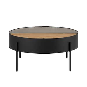 33 in. Black/English Oak Fluted Glass Round Metal Drum Modern Coffee Table with Storage