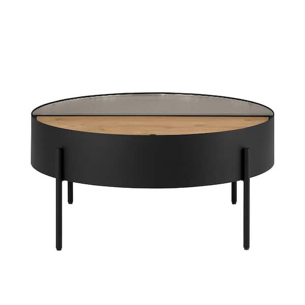 Welwick Designs 33 in. Black/English Oak Fluted Glass Round Metal Drum Modern Coffee Table with Storage