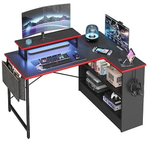 42.1 in. LED Gaming Desk with Storage Shelf and Monitor Stand Black Carbon Fiber