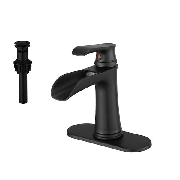 Fapully Single Handle Single Hole Bathroom Faucet with Deckplate and Drain Included, Waterfall Bathroom Faucet in Matte Black