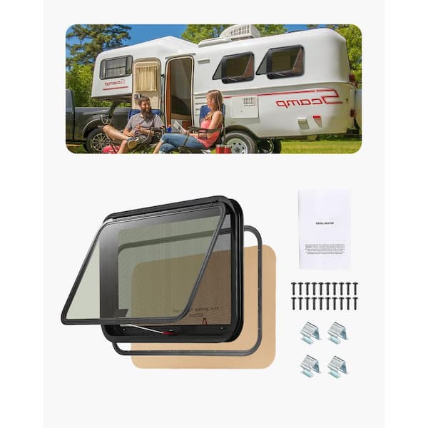 RV Exit Window, 36 in. W x 22 in. H Tinted RV Window with Net Screen and Trim Ring, RV Window Replacement