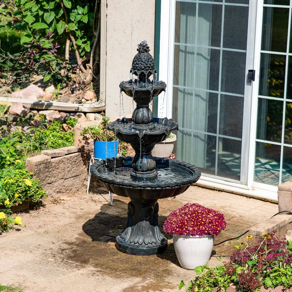 Deep Espresso 3-Tier Fiberglass Outdoor Water Fountain with Pineapple Top