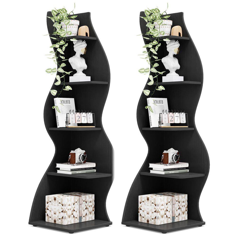 Eulas 69.8 in. Tall Black Wood 5-Shelf Standard Bookcase Corner Shelf with Storage Shelf and Curvy Shape (Set of 2)