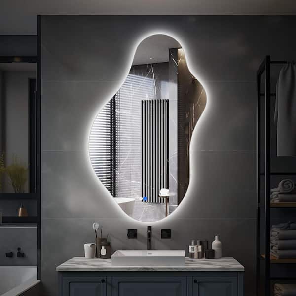 24 in. W x 43 in. H Asymmetrical Frameless LED Light Anti-Fog 3-Colors Dimmable Irregular Wall Mirror