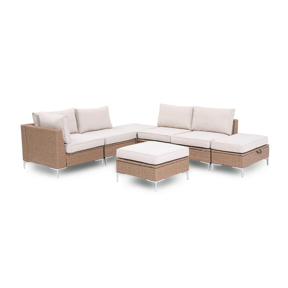 Beige and Brown Steel Frame 7-Piece Outdoor Sectional Sofa Set