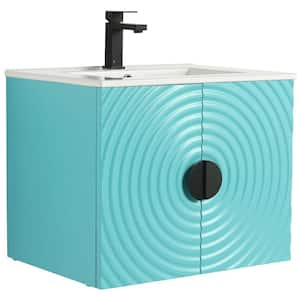 Pellabay 24 in. Floating Bath Vanity in Tiffany Blue with White Ceramic Sink Top Assembled