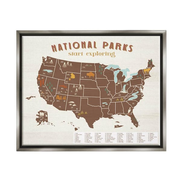 The Stupell Home Decor Collection Start Exploring National Parks Map United States by Daphne Polselli Floater Frame Travel Wall Art Print 17 in. x 21 in.