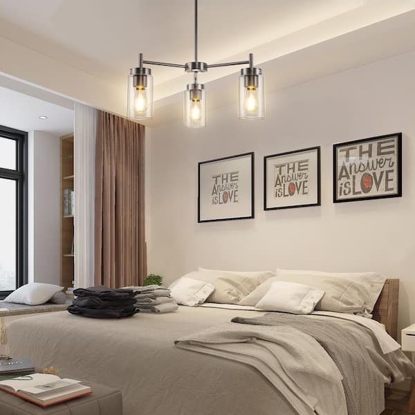 3-Light Brushed Nickel Chandelier with Clear Glass Shades - Modern Pendant Lighting Fixture for Dining Room or Kitchen