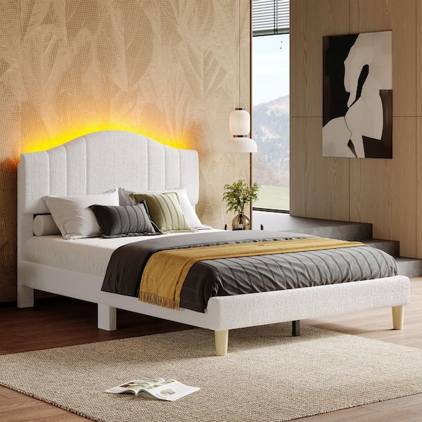 PINMOCO White Wood Frame Full Upholstered Platform Bed Scalloped Bed Frame with LED Adjustable Arc Headboard