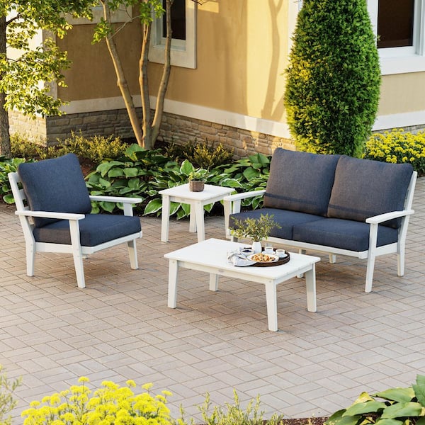 POLYWOOD Grant Park White 4-Piece Plastic Patio Deep Seating Set with Stone Blue Cushions