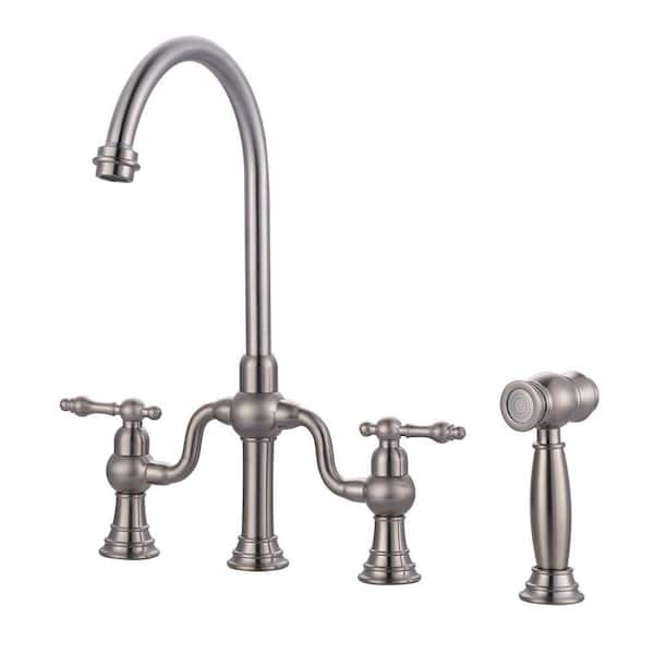 Double Handle Deck Mounted Brass Bridge Kitchen Faucet with Side Sprayer in Brushed Nickel