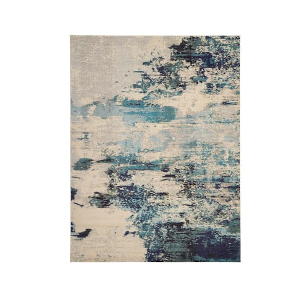 Nourison Celestial Ivory/Teal Blue 9 ft. x 12 ft. Abstract Modern Area Rug