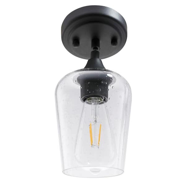 1-Light Matt Black Pendant with Seeded Glass Shade