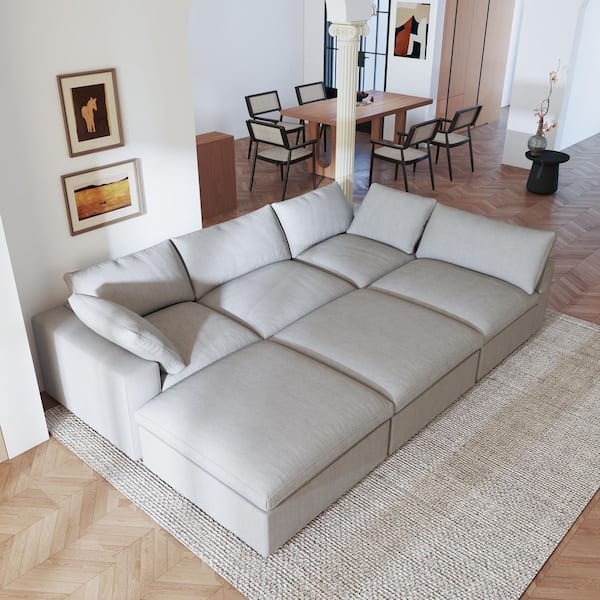 118 in. Modular Gray Linen Down Filled Queen Size 4-Seat Sleeper Cloud Sofa Bed with 2 Ottomans, Detachable Covers