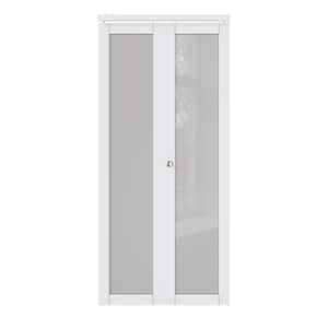 36 in. x 80 in. 1-Lite Tempered Frosted Glass Solid Core White Finished MDF Interior Closet Bi-Fold Door with Hardware