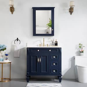 36 in. W x 22 in. D x 35 in. H Single Sink Bathroom Vanity Medicine Cabinet in Navy Blue with White Quartz Top