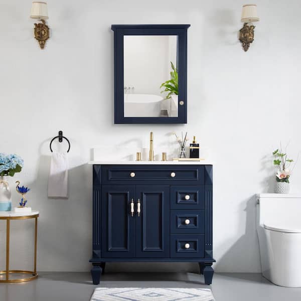 ANGELES HOME 36 in. W x 22 in. D x 35 in. H Single Sink Bathroom Vanity Medicine Cabinet in Navy Blue with White Quartz Top