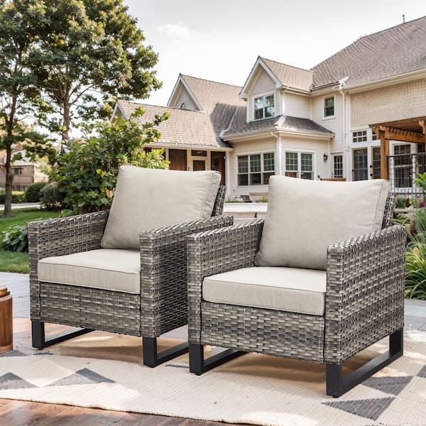 moosprr Porch Gray Wicker Outdoor Lounge Chair with Beige Cushions (2-Pack)